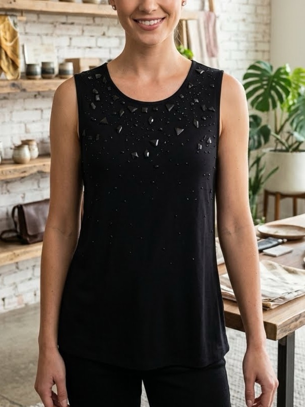 Guess Black Beaded Scoop Neck Sleeveless Keyhole Tank Top S/M
